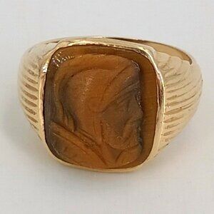 10KT Gold Tiger Eye Cameo Intaglio Warrior Signet Ring Size 9.25 6.8gr Vintage
